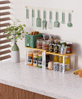 Stackable Adjustable Storage Shelves For Kitchen Cabinets Set Of Two Made Of Metal And Solid Wood Space Saver Organizer on countertop
