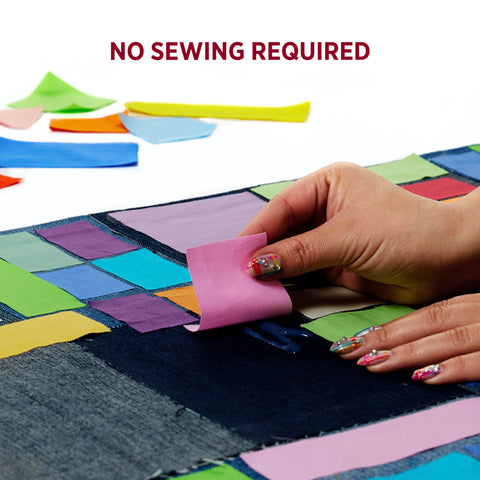Fabric Fusion Glue 4 Ounce Permanent And Washable No Sew Fabric Glue For Clothing Denim Cotton Polyester And Flannel Dries Flexible on colorful fabric pieces.