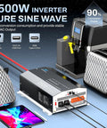2500W Pure Sine Wave RV Inverter with Built In ATS and Shore Power Bypass for Off Grid RV Living, next to electric appliances.