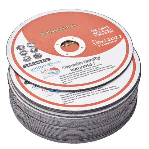 Stack of Six Inch Cut Off Wheel Set 0.045 Inch Thick Seven Eighths Inch Arbor 100 Pack For Metal And Stainless Steel Cutting Discs