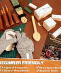 All In One Wood Carving Set For Beginners 32 Piece Toolkit with gloves, basswood blocks, templates, and storage bag on table.