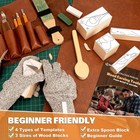 All In One Wood Carving Set For Beginners 32 Piece Toolkit with gloves, basswood blocks, templates, and storage bag on table.