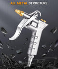 Metal Air Blow Gun With Brass Adjustable Nozzle And Steel Extension, shown against a dark background highlighting its all-metal structure.