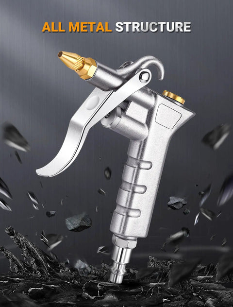Metal Air Blow Gun With Brass Adjustable Nozzle And Steel Extension, shown against a dark background highlighting its all-metal structure.
