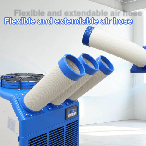 Heavy Duty Portable Spot Cooler With Twenty Two Thousand BTU Industrial Air Conditioner showing flexible air hoses for cooling.