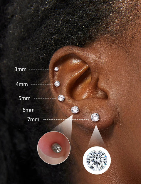 Fresh Hypoallergenic Titanium Stud Earrings With Secure Screwback Cap For Sensitive Ears Silver Tone Cubic Zirconia stones displayed on ear.
