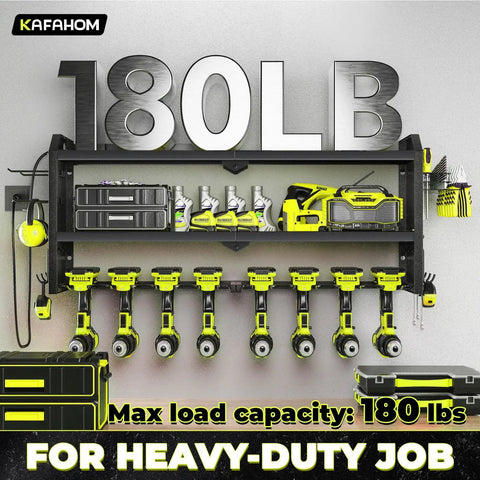 Power Tool Organizer With Built In Charging Station And Eight Outlet Power Strip Workhorse Large Wall Mount Drill Holder