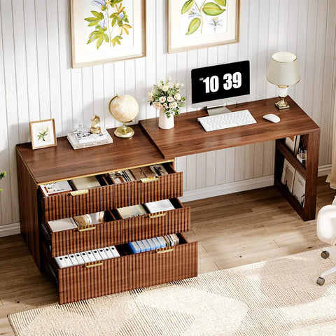 L Shaped 47 Inch Corner Desk With Six Drawers And File Cabinet Rustic Walnut Farmhouse Computer Desk For Multi Monitor Setup Boss Level Space Saving Desk To Maximize Space And Productivity with open drawers and monitor