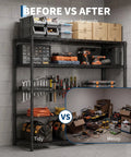 Before and after image of Tough As Nails Rock Solid Heavy Duty Metal Storage Rack Five Tier Wire Shelf With Rust Resistant Carbon Steel Construction For Garage And Warehouse Shelving Unit Holding Up To Three Thousand Two Hundred Pounds.