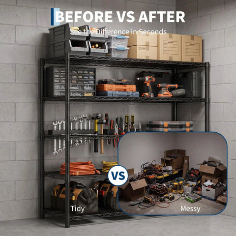 Heavy Duty Wire Shelving Rack With Five Tier Carbon Steel Build And 640 Pound Load Rating That Really Knocks The Clutter Out Of The Park For Your Home Or Garage, tidy tools organized on shelves.