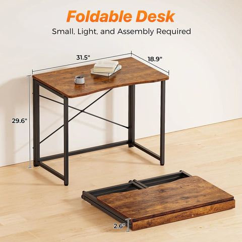Compact Foldable Computer Desk For Small Spaces 31.5 Inch Rustic Brown Writing Table folded and unfolded view