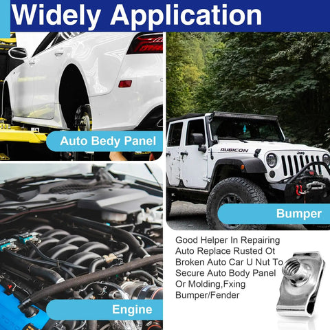 Twenty Piece 5 16 Inch 18 Thread Extruded U Clip Nuts 304 Stainless Steel Fasteners installed in auto body, engine, and bumper areas.
