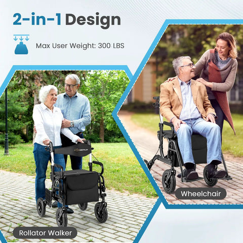 2 In 1 Folding Rollator Walker And Wheelchair Combo With Brakes For Seniors Aluminum Mobility Aid demonstrating versatility outdoors