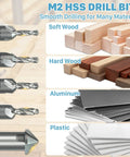 M2 HSS drill bits for soft wood, hard wood, aluminum, and plastic display. Pro Grade 10 In 1 Countersink Drill Bit Set With Depth Stop And Chamfer Tool, One Quarter Inch Hex Shank, M2 HSS Countersink Bits For Screws Four To Ten, Includes Replacement Cores, Edge Trim Ring And Extra Depth Stop.