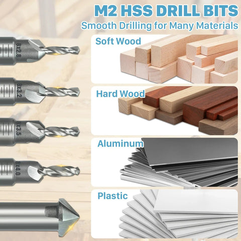 M2 HSS drill bits for soft wood, hard wood, aluminum, and plastic display. Pro Grade 10 In 1 Countersink Drill Bit Set With Depth Stop And Chamfer Tool, One Quarter Inch Hex Shank, M2 HSS Countersink Bits For Screws Four To Ten, Includes Replacement Cores, Edge Trim Ring And Extra Depth Stop.