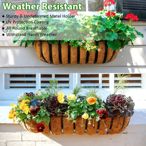 4 Pack 24 Inch Railing Planter Window Box With Coconut Coir Liner No Fuss Easy Install Metal Fence Hanging Flower Baskets For Deck Balcony Outdoor Garden Rail Planter Boxes displayed on a wall with flowers.