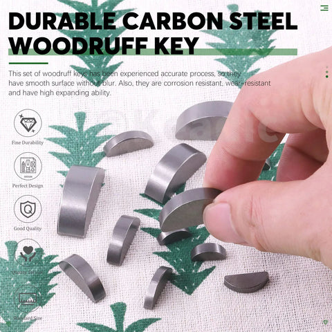 Woodruff key assortment set, 150 pcs, 15 metric sizes, carbon steel; close-up of semicircular keys held by fingers