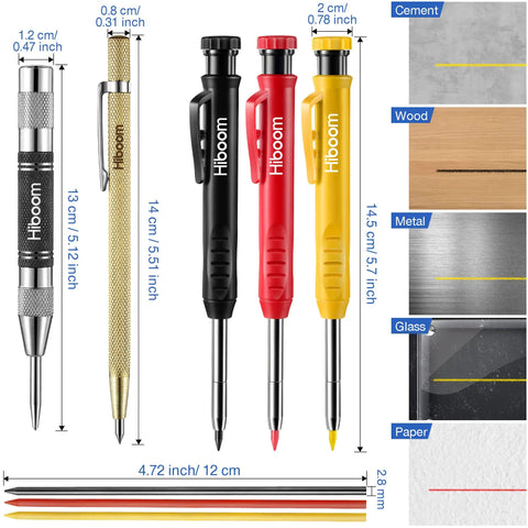 Pro Grade Mechanical Carpenter Pencil Set With Built In Sharpener, 18 Refills, Automatic Center Punch And Carbide Scriber, size chart