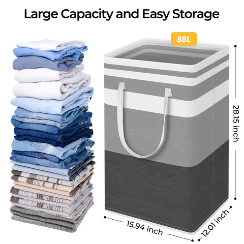 75L Large Waterproof Laundry Basket For Dorms Sturdy Freestanding Frame with stacked folded clothes beside it