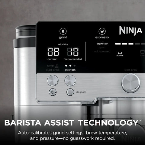 Control panel of Luxe Café Premier 3 In 1 Espresso Machine With Built In Grinder Drip Coffee And Rapid Cold Brew Hands Free Milk Frother Assisted Tamper For Cappuccinos And Lattes Stainless Steel showing grind and espresso settings.