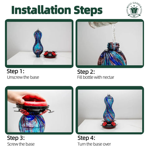 Outdoor Hand Blown Glass Hummingbird Feeder With 24 Oz Capacity And Four Feeding Ports installation steps.