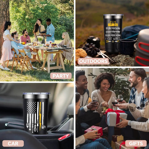 Collage featuring 20oz Electrician Tumbler Gift For Men in various settings: party, outdoors, car, and gifts with family and friends.