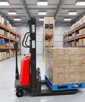 Heavy Duty Semi Electric Pallet Stacker With A Hella Tough 3300 Lb Capacity And Snappy 94.8 Inch Lift in warehouse with stacked boxes.