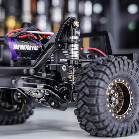 Close-up of 59mm Long Threaded RC Shocks Oil Dampers Upgrade For TRX4M TRX4MT 1/18 Crawler, Aluminum Bodies in grey.