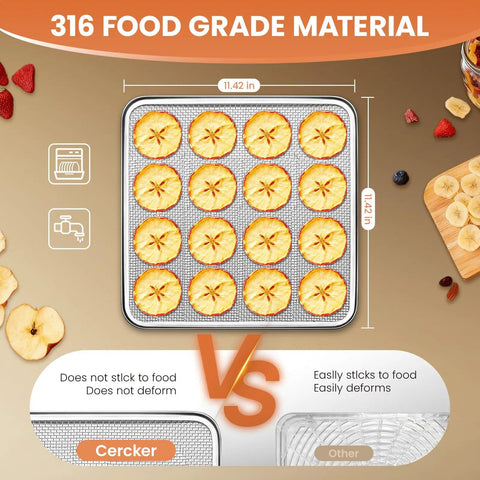 Food dehydrator stainless steel tray with dried fruit slices, showcasing 12 sections and 11.42 in size.