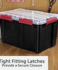 Two Pack Heavy Duty Plastic Storage Bins Thirteen Point Five Gallon Gasket Totes With Airtight Silicone Seals Rock Solid For Garage Basement Or Attic Hella Waterproof And Drop Dead Tough Black with tight fitting latches.