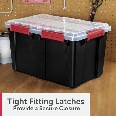Two Pack Heavy Duty Plastic Storage Bins Thirteen Point Five Gallon Gasket Totes With Airtight Silicone Seals Rock Solid For Garage Basement Or Attic Hella Waterproof And Drop Dead Tough Black with tight fitting latches.