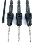Pro Grade Carbon Steel Countersink Drill Bit Set For Precision Woodworking Includes Three 45 Degree Tapered 7/64 Inch Bits Plus One Allen Key heavy duty drill bits with hex key.