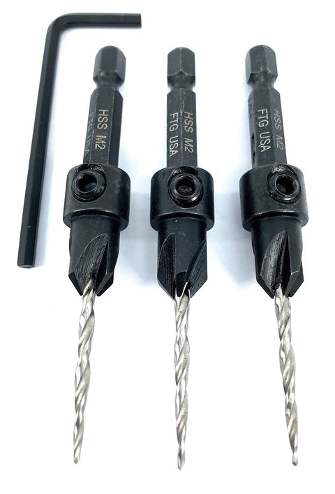 Pro Grade Carbon Steel Countersink Drill Bit Set For Precision Woodworking Includes Three 45 Degree Tapered 7/64 Inch Bits Plus One Allen Key heavy duty drill bits with hex key.