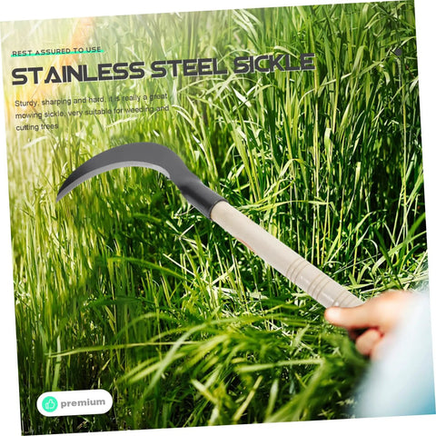 Multi Purpose Manganese Steel Garden Tool With Wooden Handle for grass cutting and weeding in use