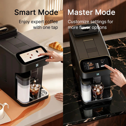 Fully Automatic Espresso Machine With Conical Burr Grinder And Smart Hot Cold Milk Frother For No Sweat Barista Level Drinks And Quick Cleanup Right At Home, featuring Smart and Master modes.