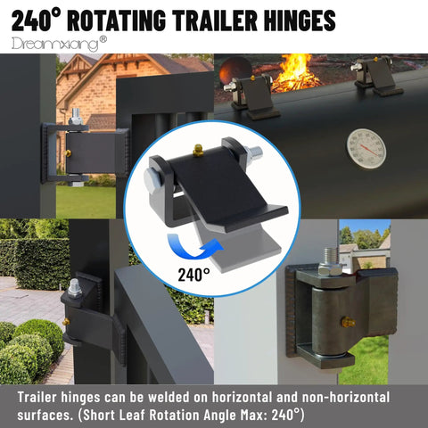 240° rotating trailer hinges on gate and trailer panels, showing welded pig iron hinge with zerk fitting