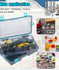 Six Pack Waterproof Fishing Tackle Boxes 3600 And 3700 with dividers open, showing lures and tackle, blue camo design for versatile use.
