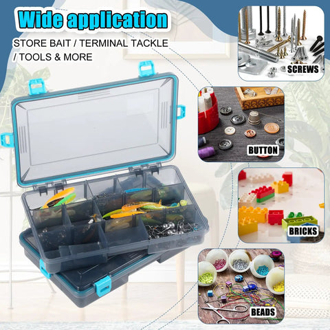 Six Pack Waterproof Fishing Tackle Boxes 3600 And 3700 with dividers open, showing lures and tackle, blue camo design for versatile use.