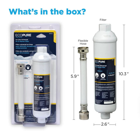 Top Shelf Universal RV And Marine In Line Water Filter shows filter and hoses in package, measuring 10.3" and 5.9" for easy setup.
