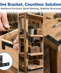 Heavy Duty L Corner Braces 10 Pack With Screws, 1.50 x 2.56 x 0.12 Inch Right Angle Brackets For Cabinet Shelves shown reinforcing a wooden shelf