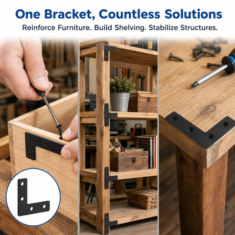 Heavy Duty L Corner Braces 10 Pack With Screws, 1.50 x 2.56 x 0.12 Inch Right Angle Brackets For Cabinet Shelves shown reinforcing a wooden shelf