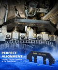 Ford EcoBoost 3.5L and 3.7L 4V Timing Tool Kit Camshaft Locking Set with dimensions and camshaft alignment details.