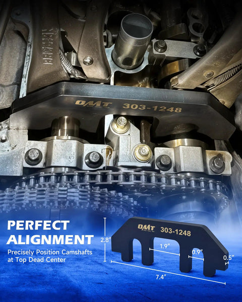 Ford EcoBoost 3.5L and 3.7L 4V Timing Tool Kit Camshaft Locking Set with dimensions and camshaft alignment details.
