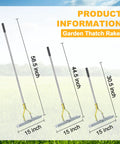 Comparison of three dethatching rakes with stainless steel tines and adjustable handles, showing 58.5 inch, 44.5 inch, and 30.5 inch lengths.