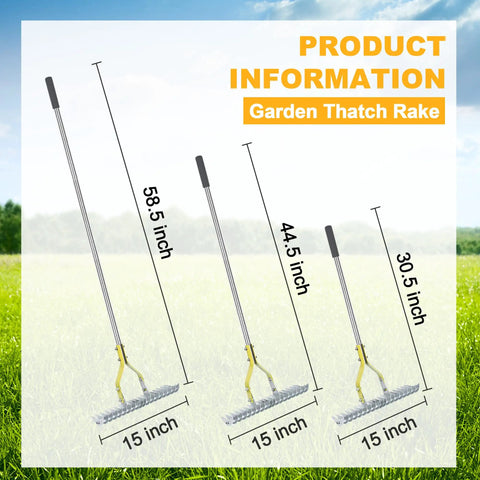 Comparison of three dethatching rakes with stainless steel tines and adjustable handles, showing 58.5 inch, 44.5 inch, and 30.5 inch lengths.