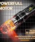 Wireless Rotary Tattoo Gun Kit with Cordless Pen and OLED Screen showing motor speed and assembly details.
