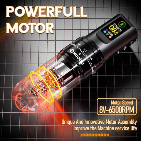 Wireless Rotary Tattoo Gun Kit with Cordless Pen and OLED Screen showing motor speed and assembly details.