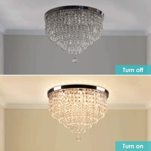 Jaw Dropping 19.7 Inch Crystal LED Flush Mount Ceiling Light With 5 Tier K9 Raindrop Crystals And Chrome Stainless Steel Frame
