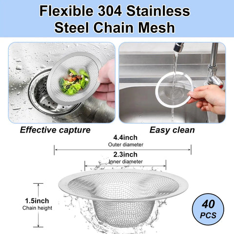 Forty Pack Premium Stainless Steel Mesh Sink Strainer Four Point Five Inch Drain Filter Basket for kitchen and bath use.