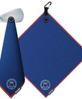 Game Changing Magnetic Microfiber Golf Towel That Snaps Onto Carts Or Wedges For Quick Drying And Divot Fixes While You Crush Drives On The Fairways In Midnight Blue, 18x18 inch with logo and clip.